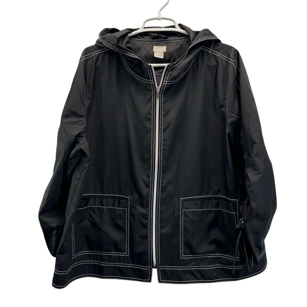 Chico's Jacket Windbreaker Black Full Zip Hood synch sleeves 3 or XL
